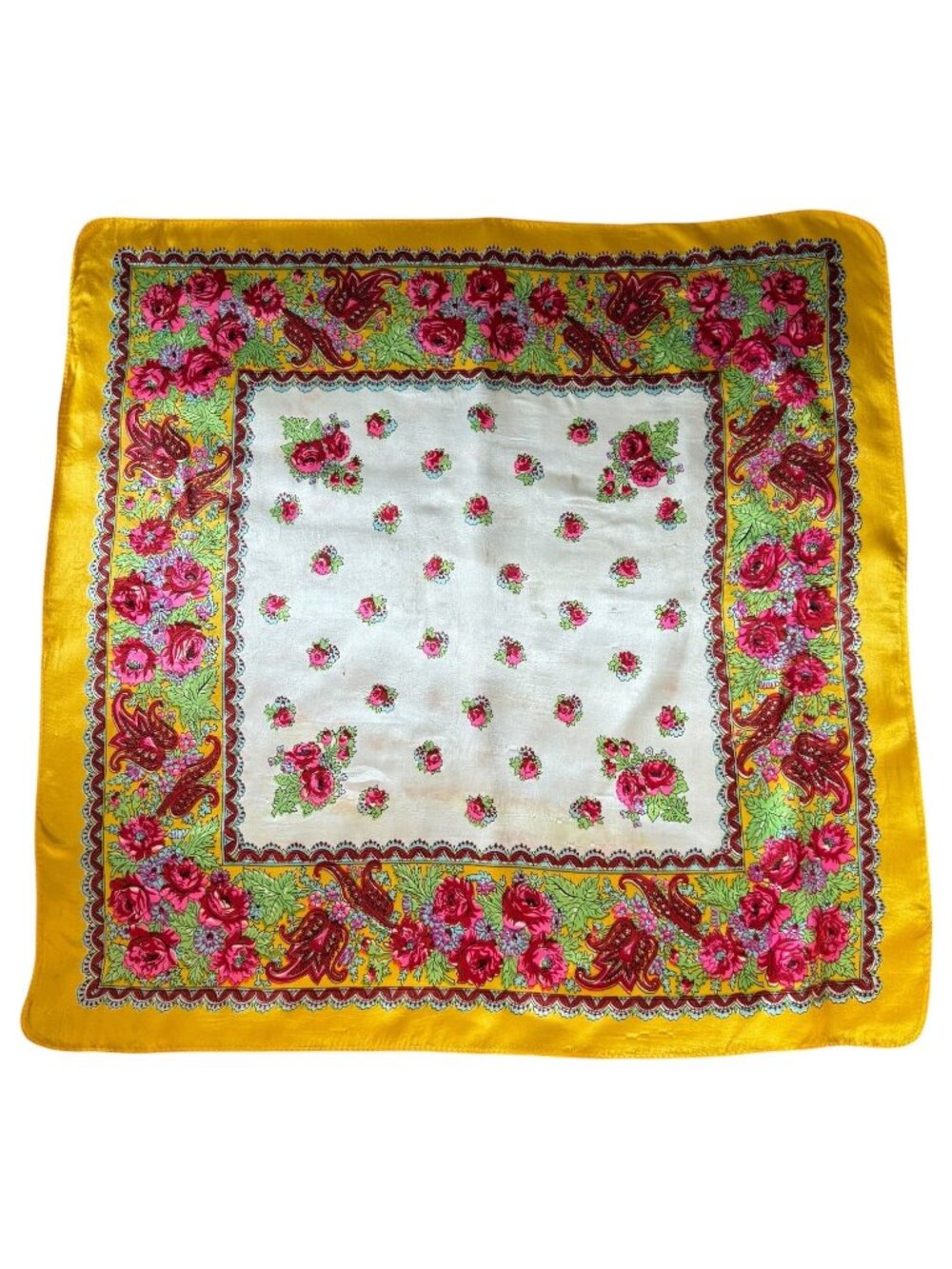 VTG Floral Yellow White Satin Scarf Pink Rose Print Paisley Border 27” Square